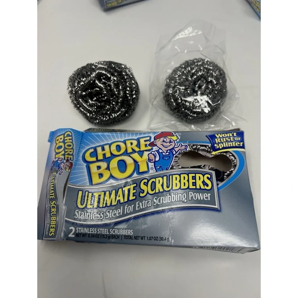 7 Chore Boy Stainless Steel Scrubbers 2 pack = 14 scrubbers Outer Box‎ Crushed